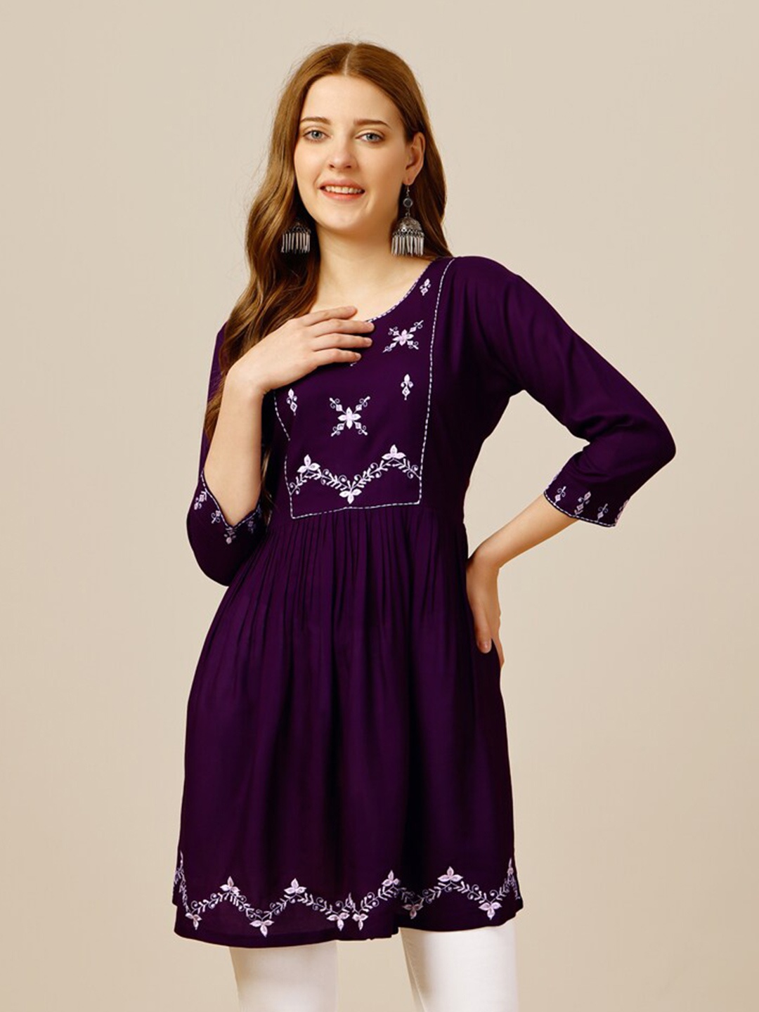 

ARADHNA Floral Embroidered Pleated Empire Longline Top, Purple