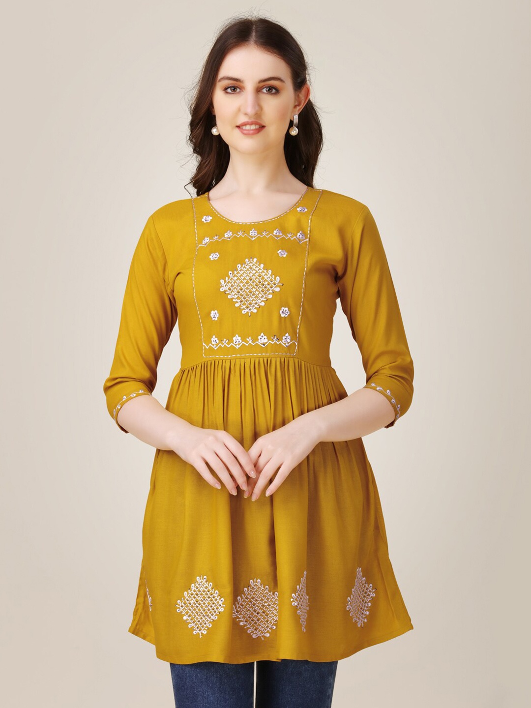 

ARADHNA Floral Embroidered Pleated Empire Longline Top, Yellow