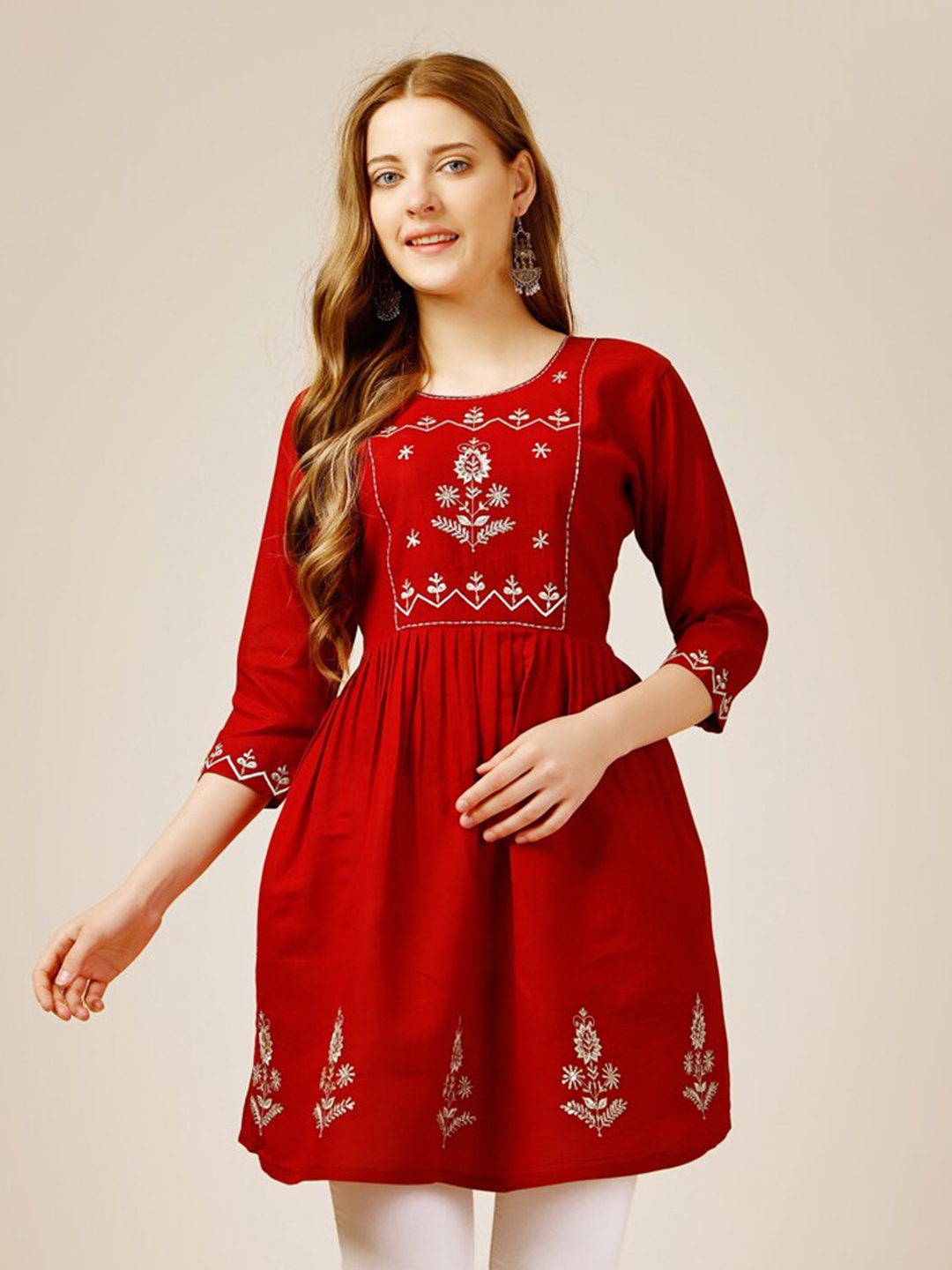 

ARADHNA Floral Embroidered Pleated Empire Longline Top, Red