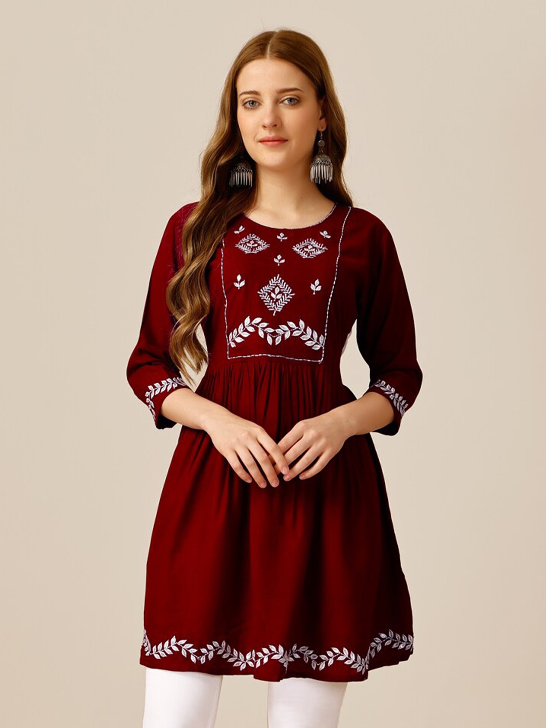 

ARADHNA Floral Embroidered Pleated Empire Longline Top, Maroon