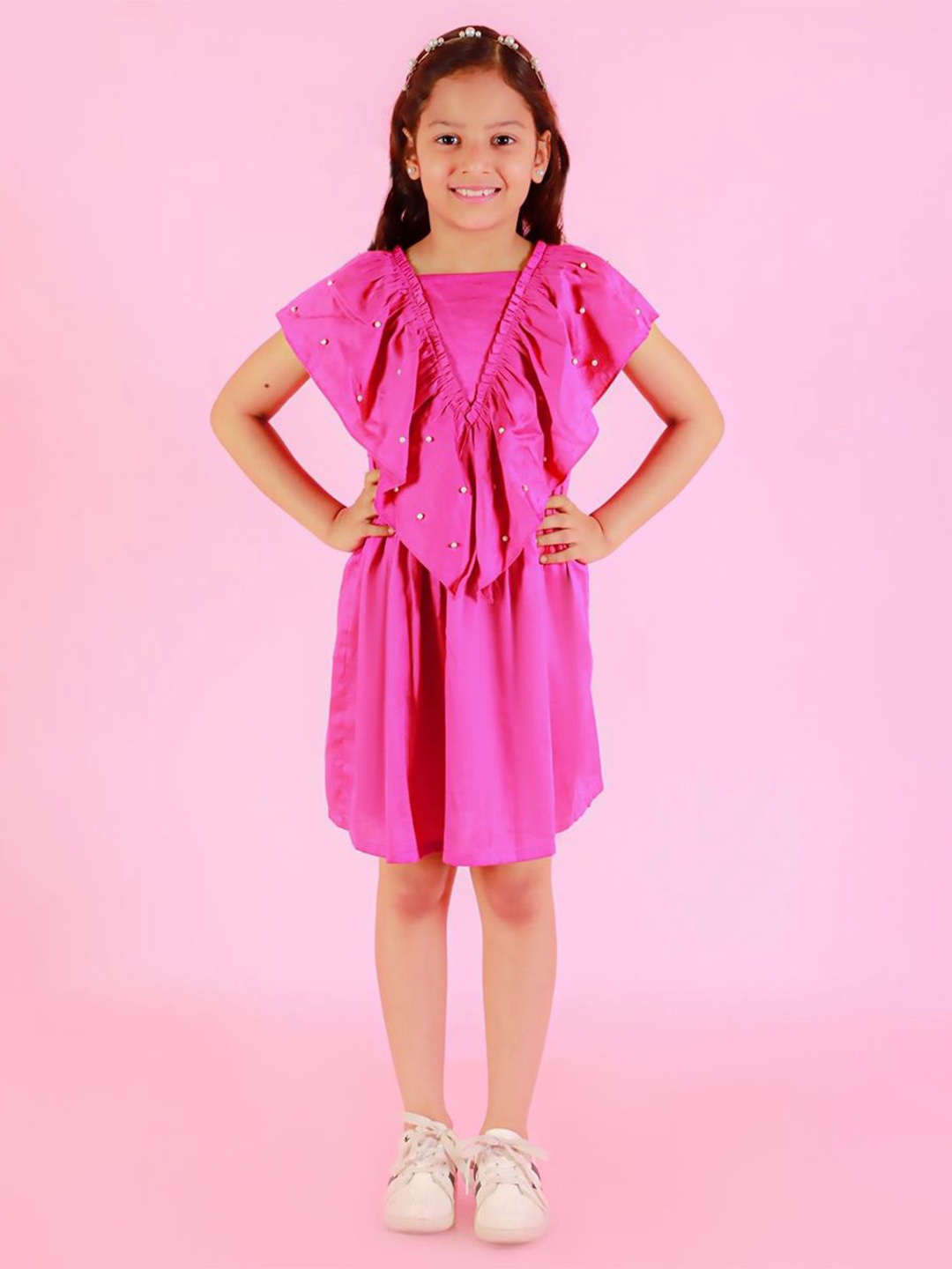 

BAESD Girls Cape Sleeves Ruffled A-Line Dress, Pink