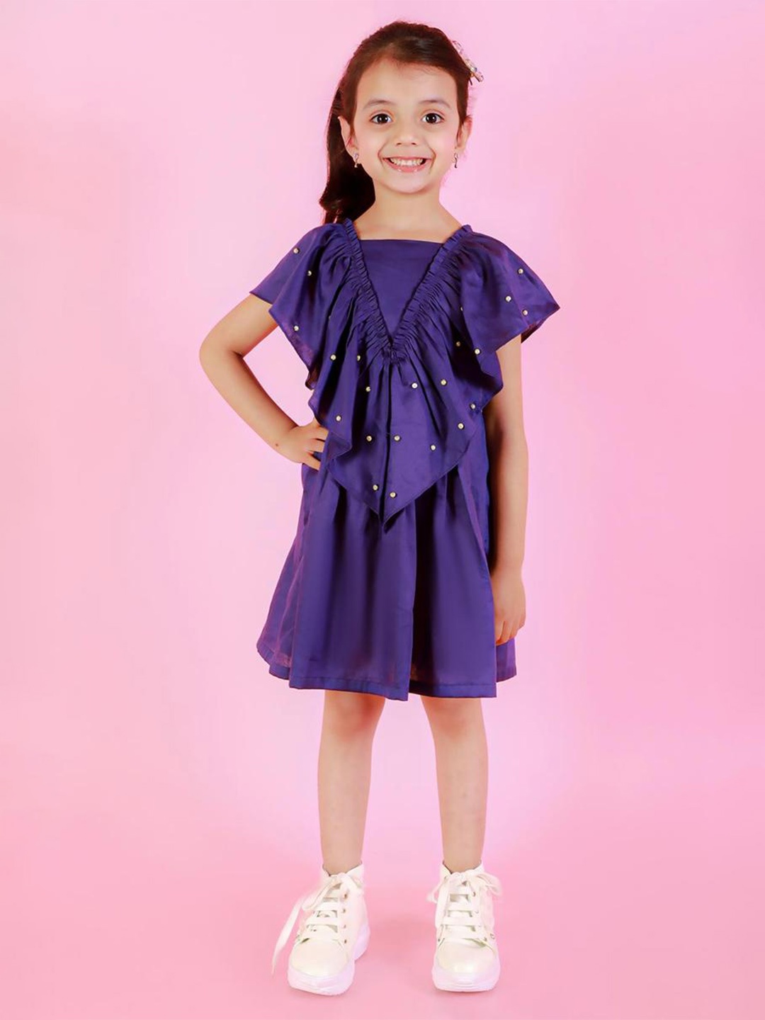 

BAESD Girls Embellished Flutter Sleeves Gathered A-Line Dress, Purple