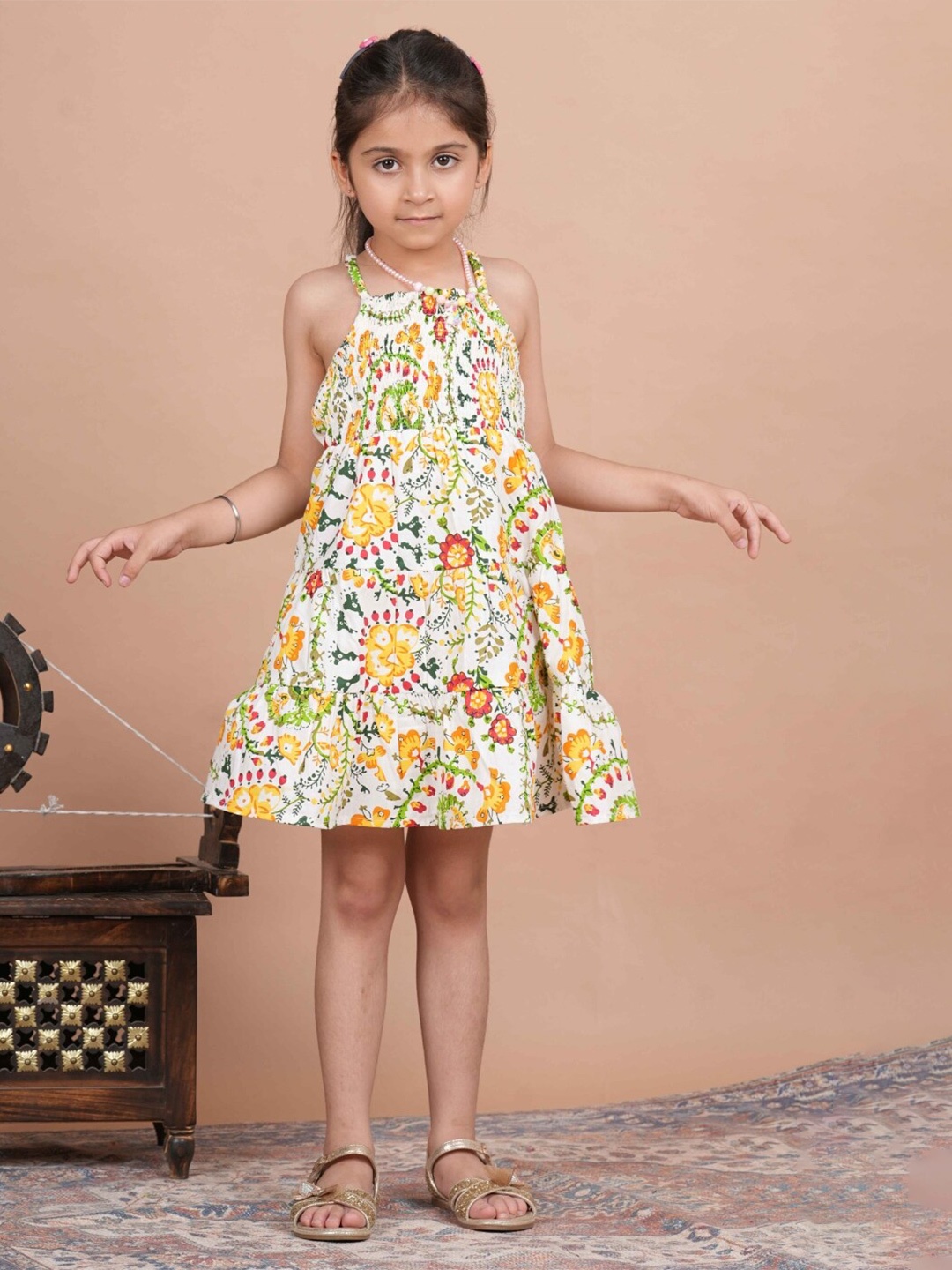 

BAESD Girls Floral Printed Shoulder Straps Cotton A-Line Dress, Yellow