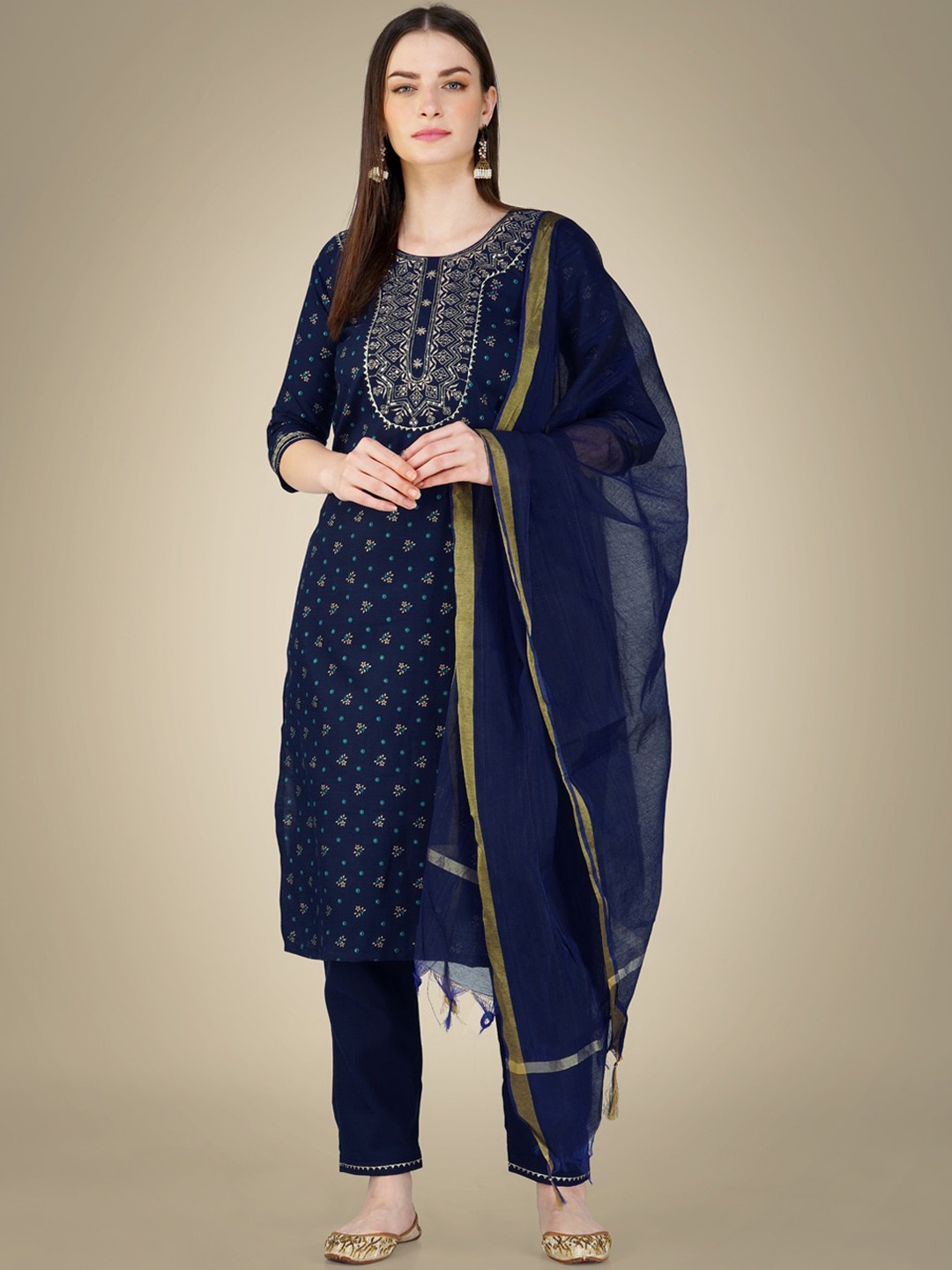 

ARADHNA Ethnic Motifs Embroidered Gotta Patti Kurta With Churidar & Dupatta, Navy blue