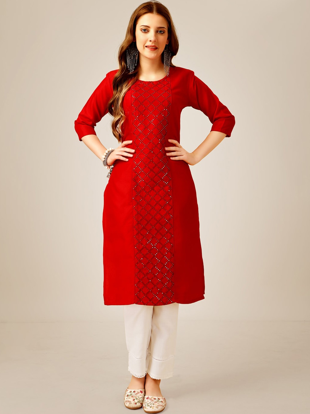 

ARADHNA Geometric Embroidered Sequinned Detail Straight Kurta with Trousers, Red