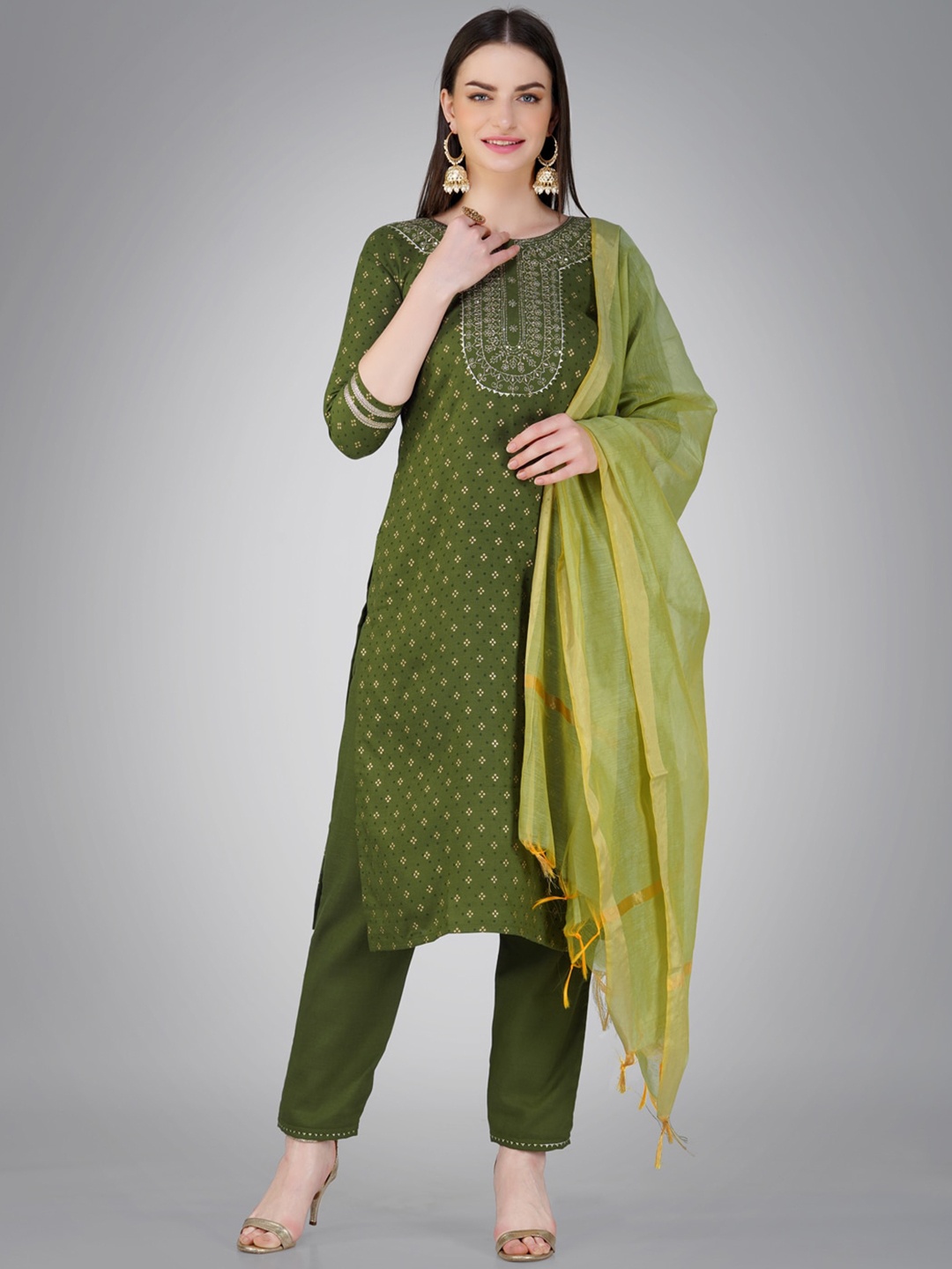 

ARADHNA Ethnic Motifs Printed Kurta With Trouser & Dupatta, Green