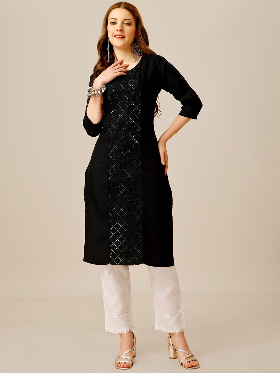 

ARADHNA Geometric Embroidered Sequinned Kurta With Trouser, Black