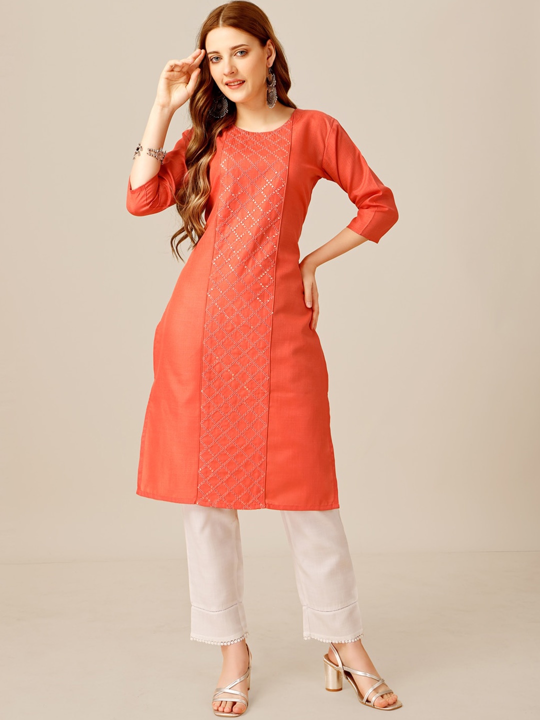 

ARADHNA Geometric Embroidered Three-Quarter Sleeve Sequins Regular Kurta With Trouser, Coral