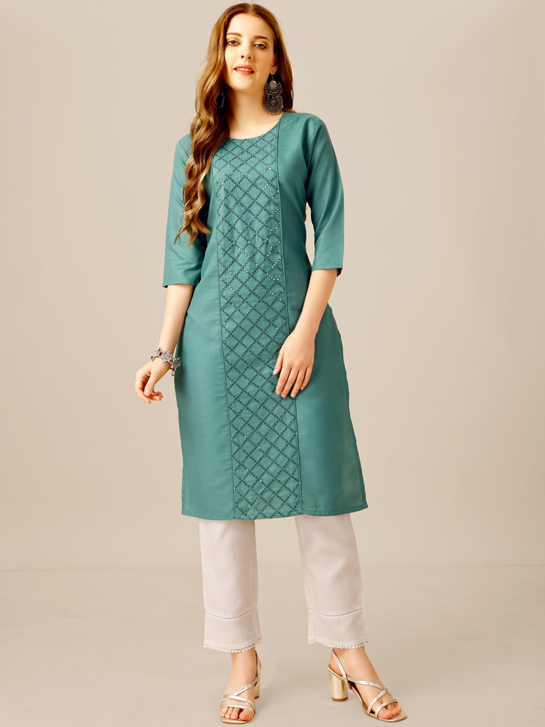 

ARADHNA Embroidered Panelled Kurta with Churidar, Green