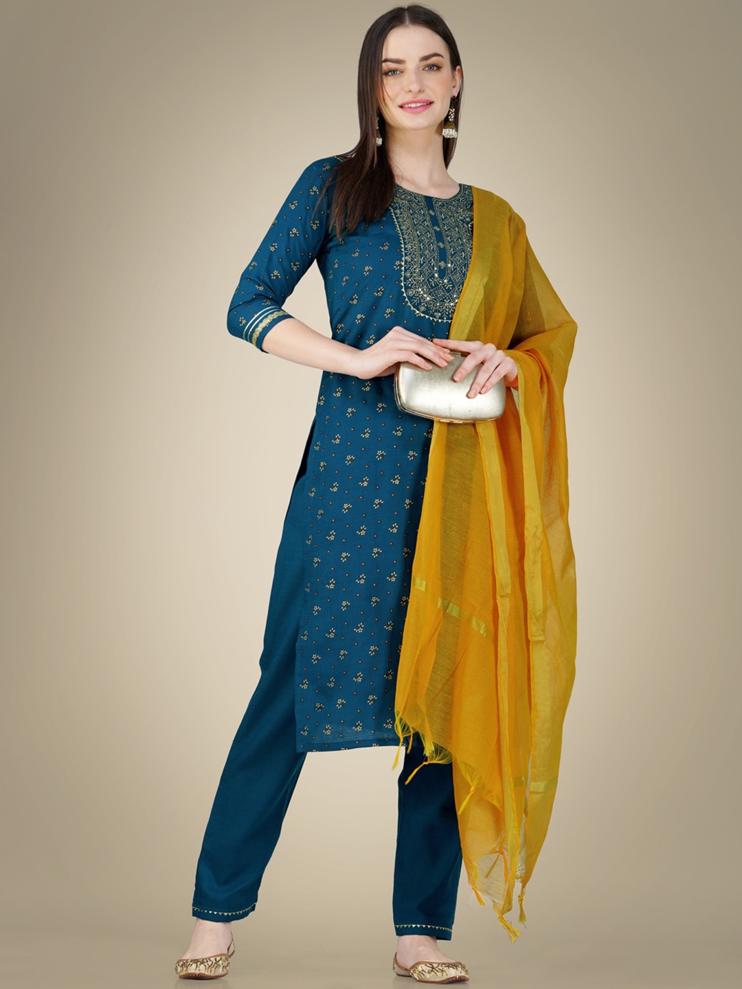 

ARADHNA Floral Printed Thread Work Kurta with Trousers & Dupatta, Teal