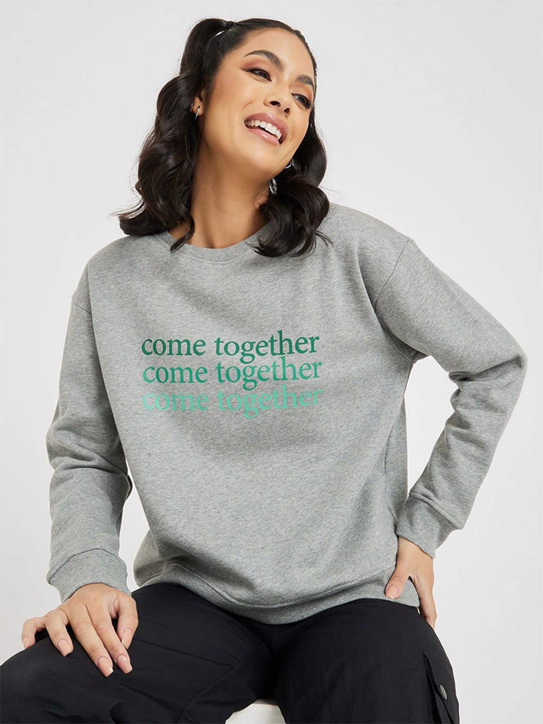 

Styli Come Together Printed Cotton Pullover, Grey