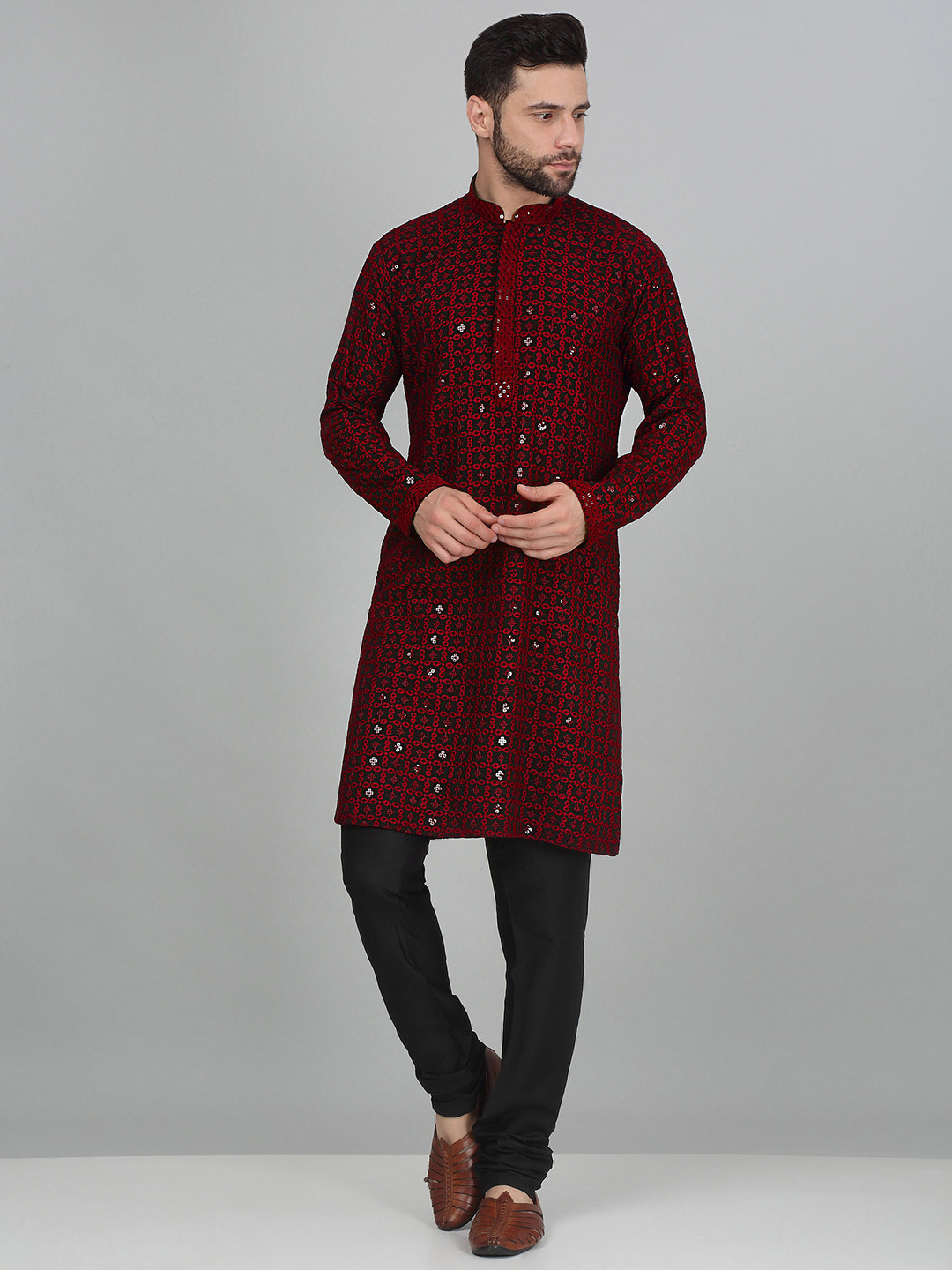 

KRAFT INDIA Ethnic Motifs Embroidered Chikankari Kurta with Churidar, Maroon