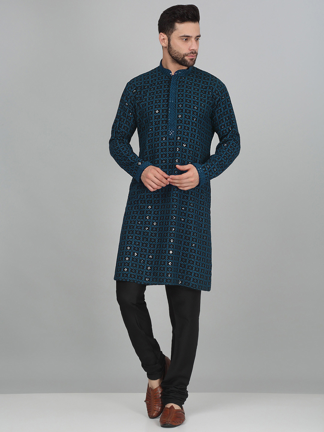 

KRAFT INDIA Ethnic Motifs Embroidered Mandarin Collar Sequinned Straight Kurta Set, Blue