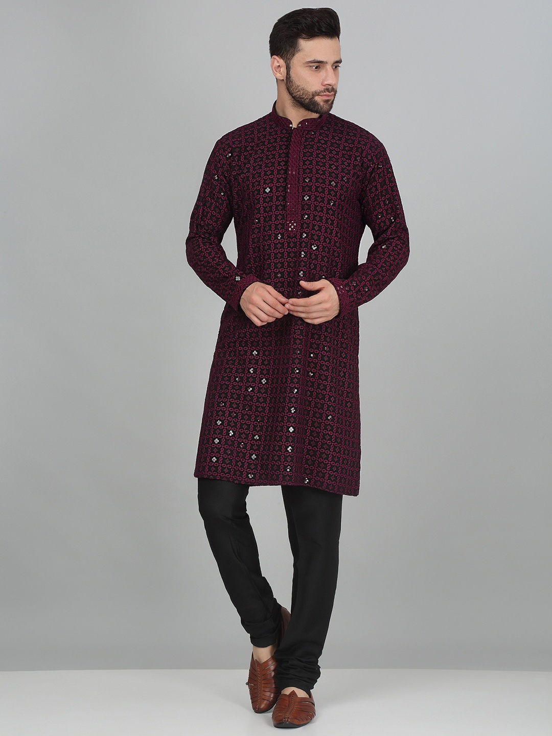 

KRAFT INDIA Ethnic Motifs Embroidered Mandarin Collar Sequinned Straight Kurta Set, Purple