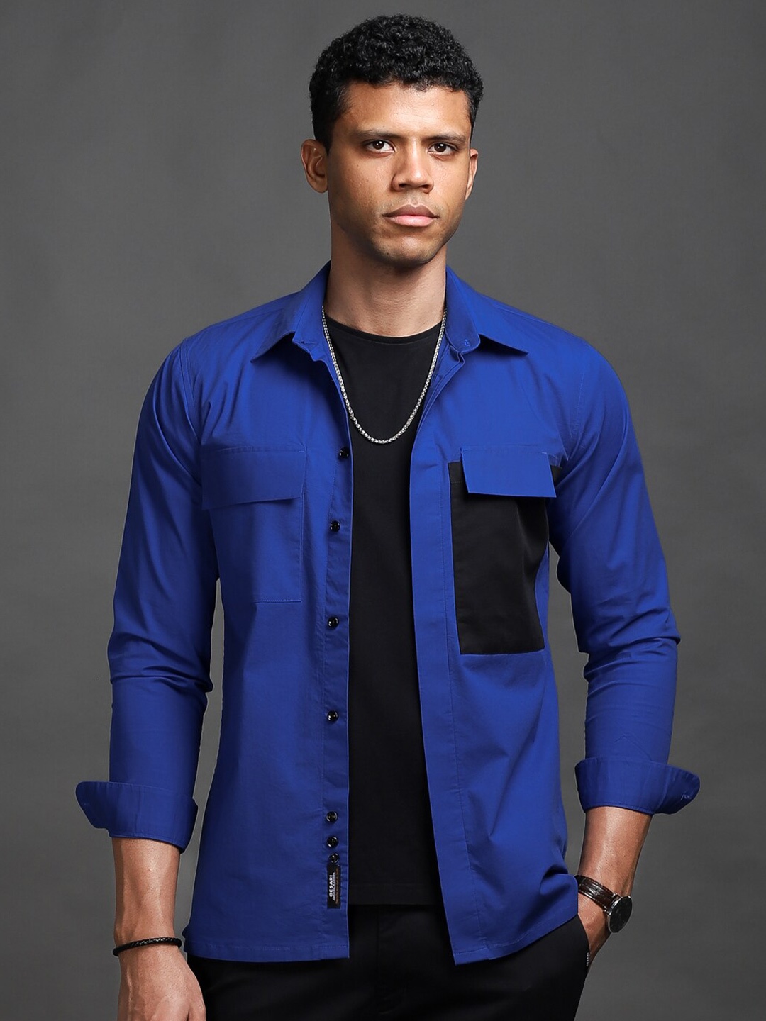 

CESARI LONDON Premium Cuban Collar Casual Shirt, Blue