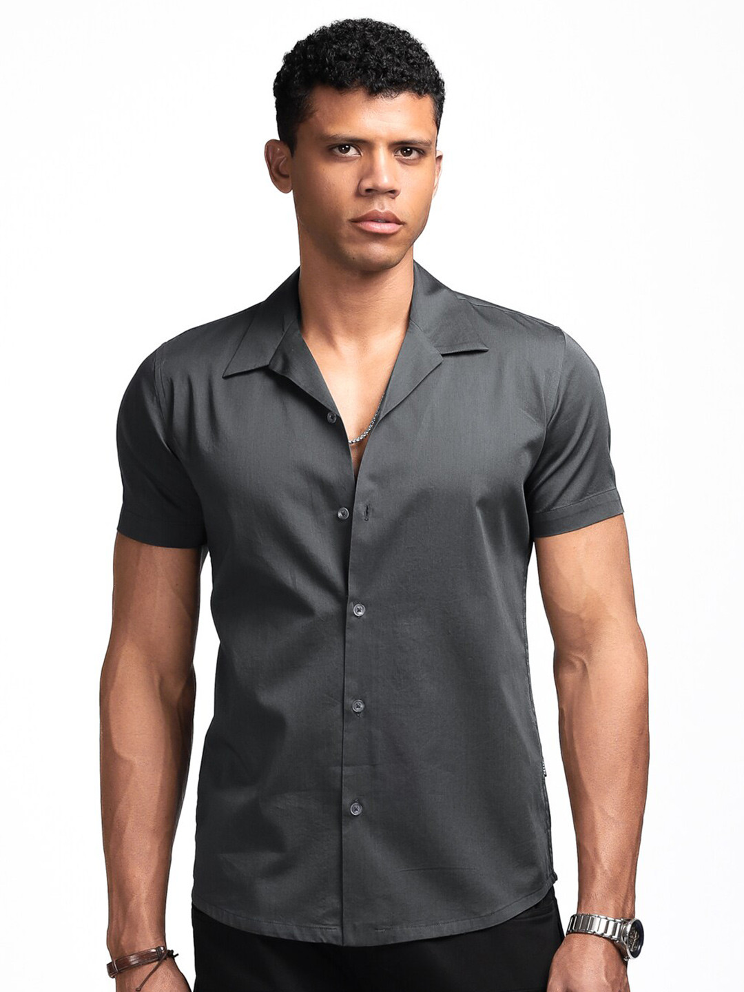 

CESARI LONDON Premium Slim Fit Cuban Collar Pure Cotton Casual Shirt, Grey