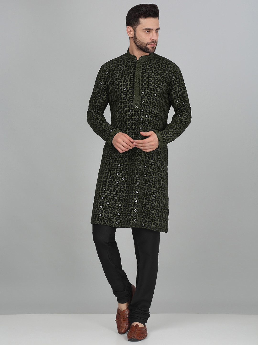 

KRAFT INDIA Ethnic Motifs Embroidered Chikankari Kurta, Green