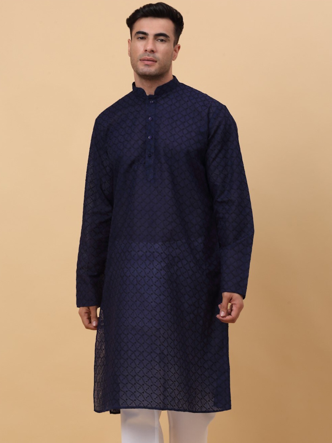 

KRAFT INDIA Ethnic Motifs Embroidered Chikankari Kurta, Navy blue