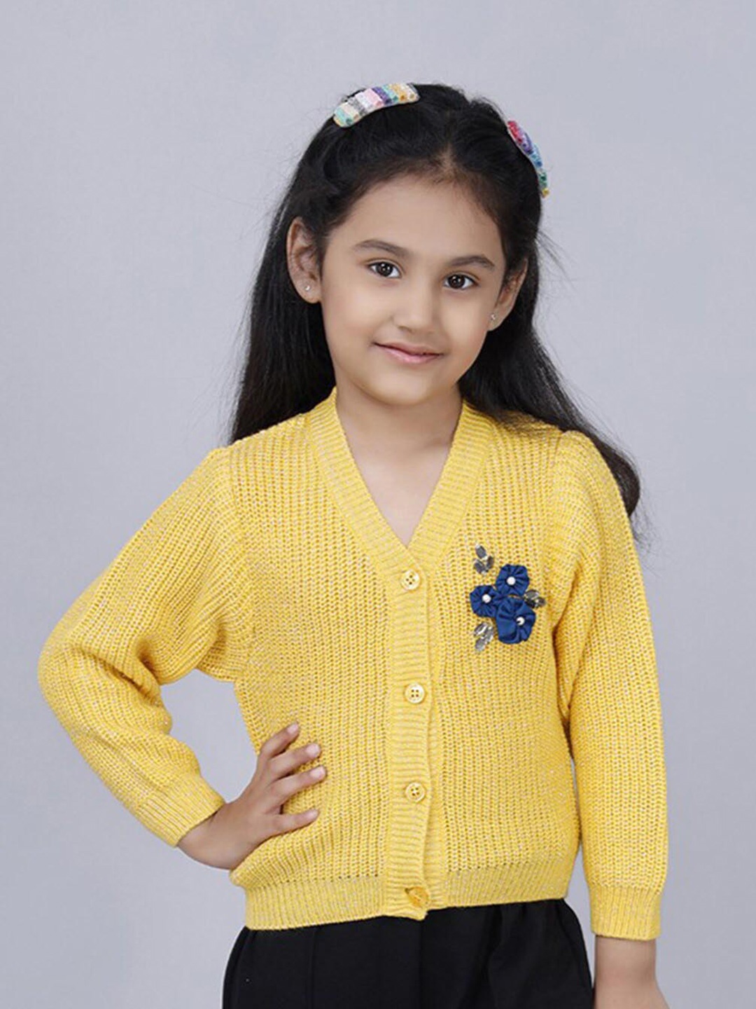 

JoE Hazel Girls Self Design V-Neck Cardigan, Yellow
