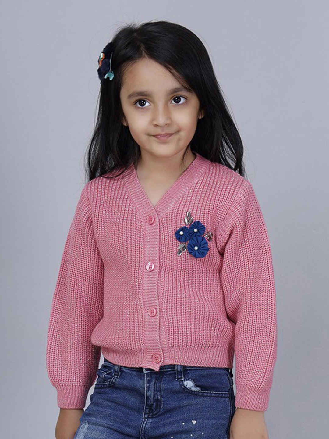 

JoE Hazel Girls Self Design V-Neck Cardigan, Pink