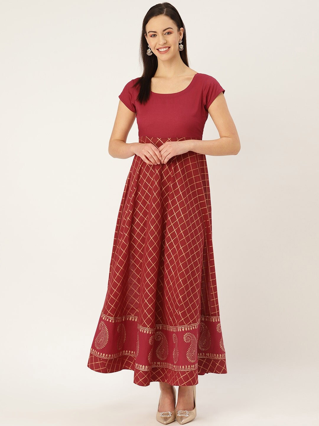 

KALINI Ethnic Motifs Printed Scoop Neck Cotton Anarkali Kurta, Maroon