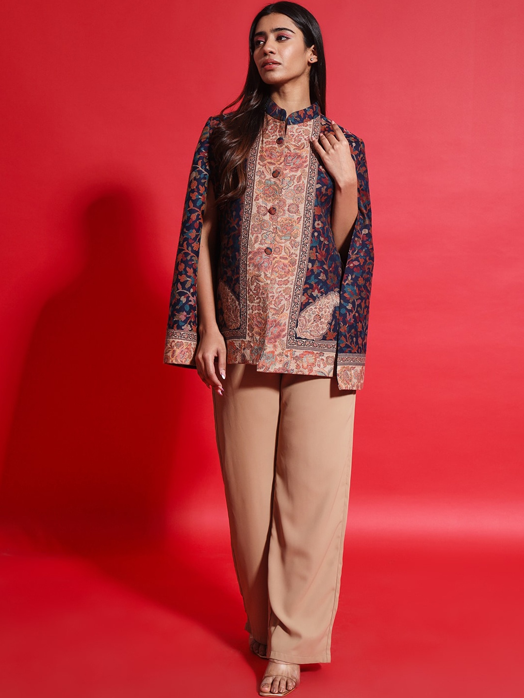 

Zamour Floral Printed Mandarin Collar Cape Jacket, Blue