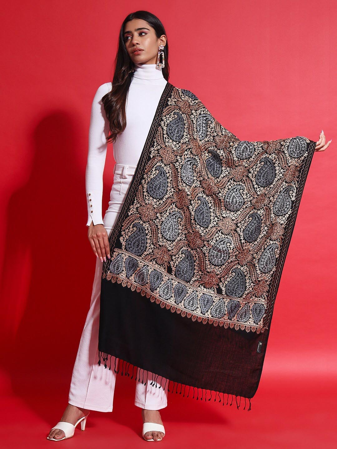 

Zamour Paisley Embroidered Fine Woollen Shawl, Black