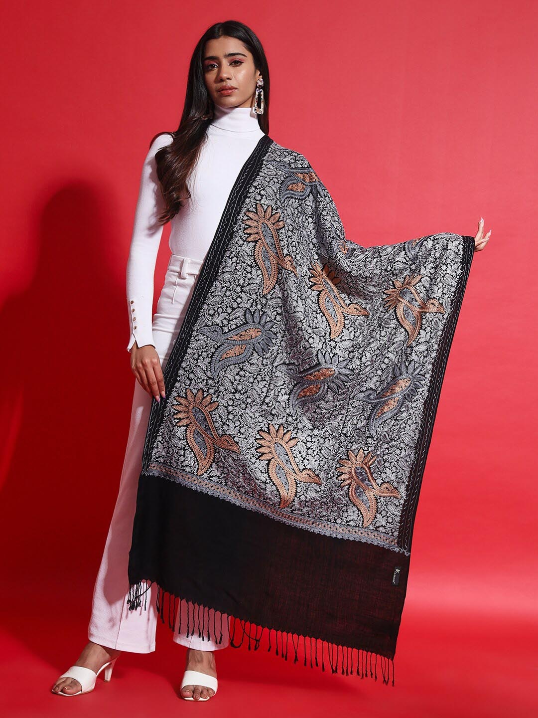 

Zamour Paisley Embroidered Fine Woollen Shawl, Black