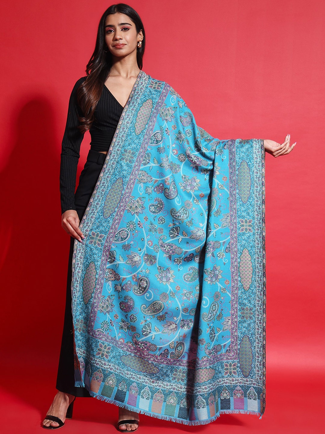 

Zamour Paisley Woven Design Pure Wool Shawl, Turquoise blue