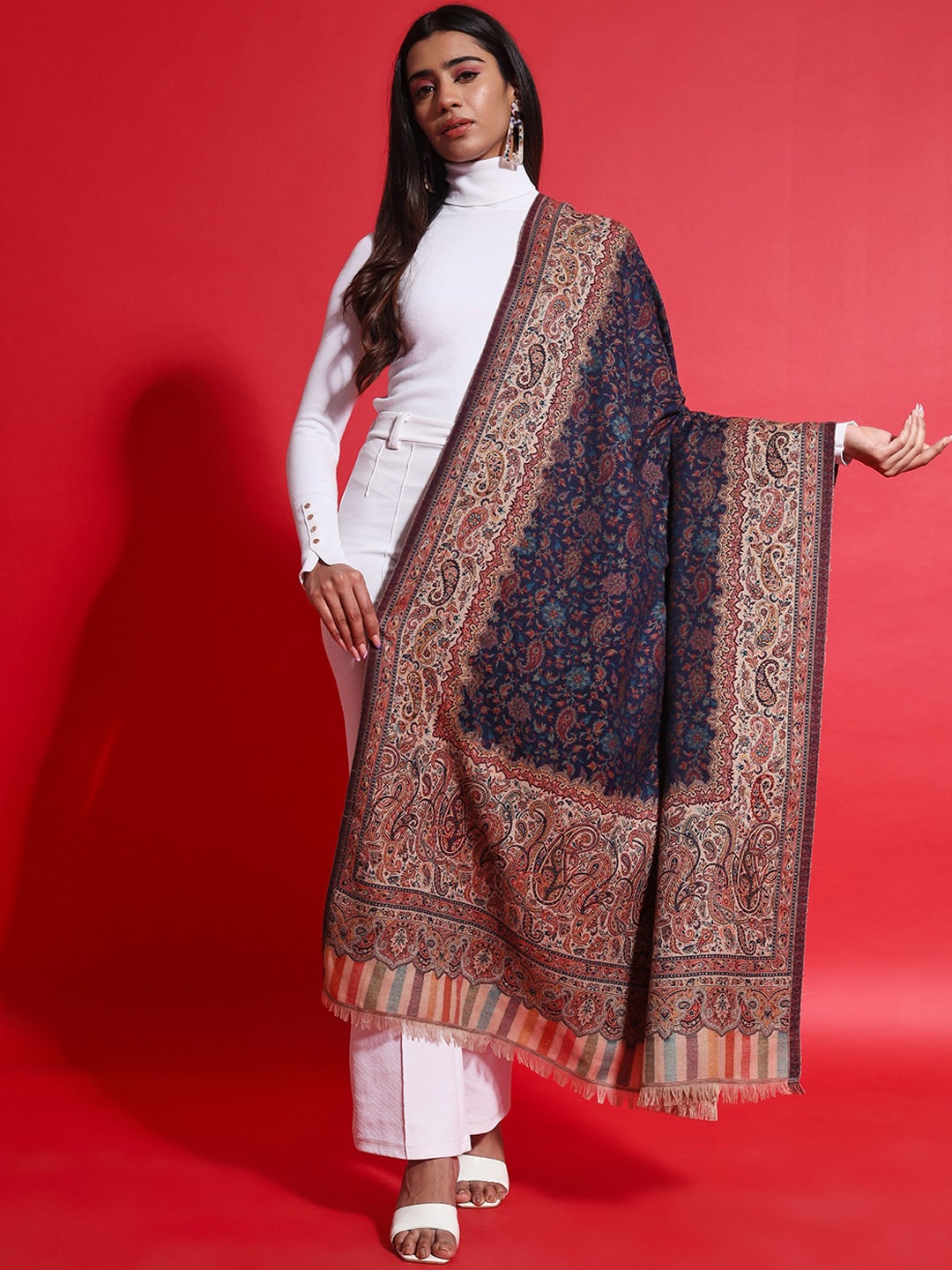 

Zamour Paisley Woven Design Pure Wool Shawl, Blue