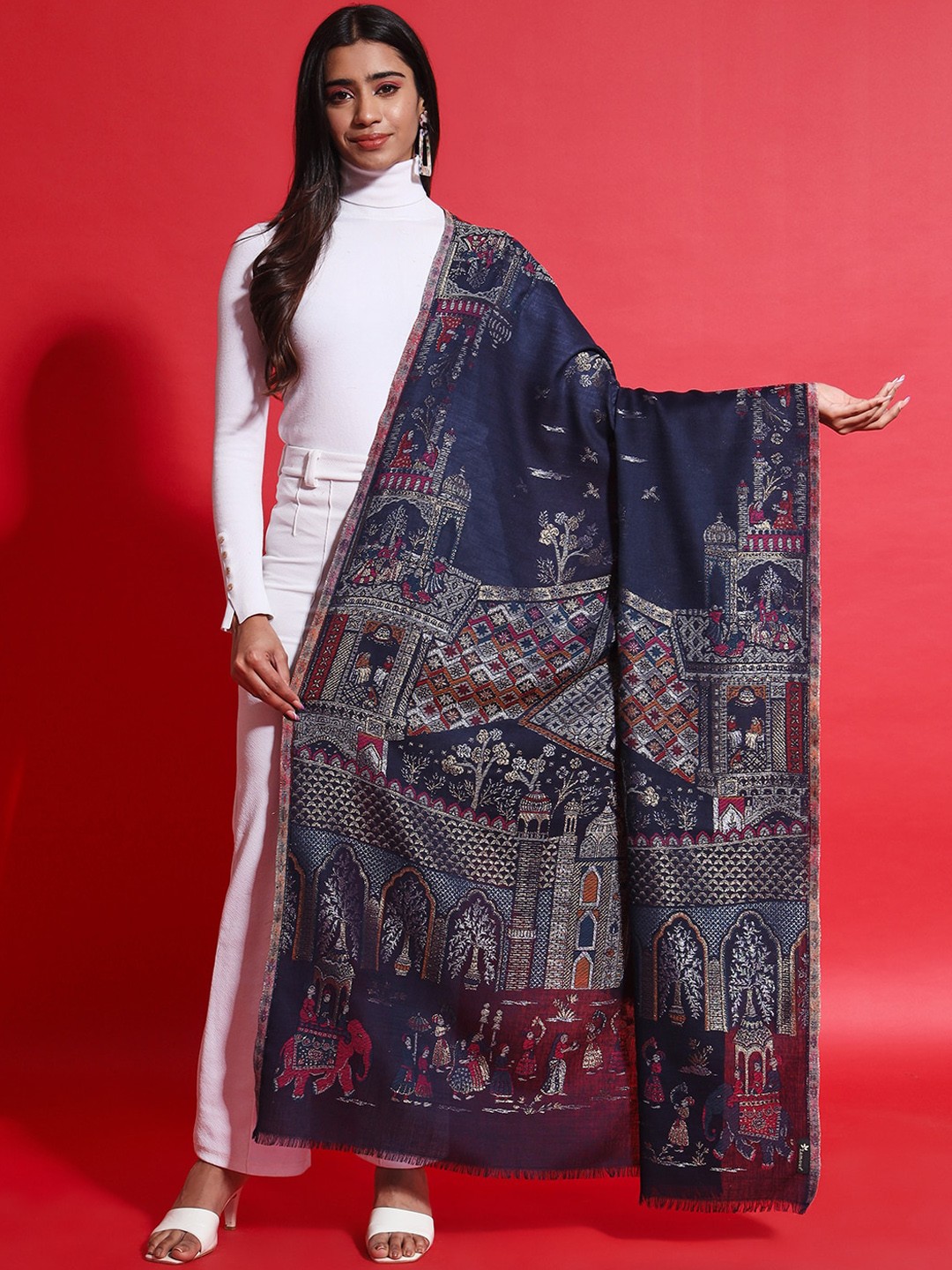 

Zamour Ethnic Motifs Woven Design Pure Wool Shawl, Blue