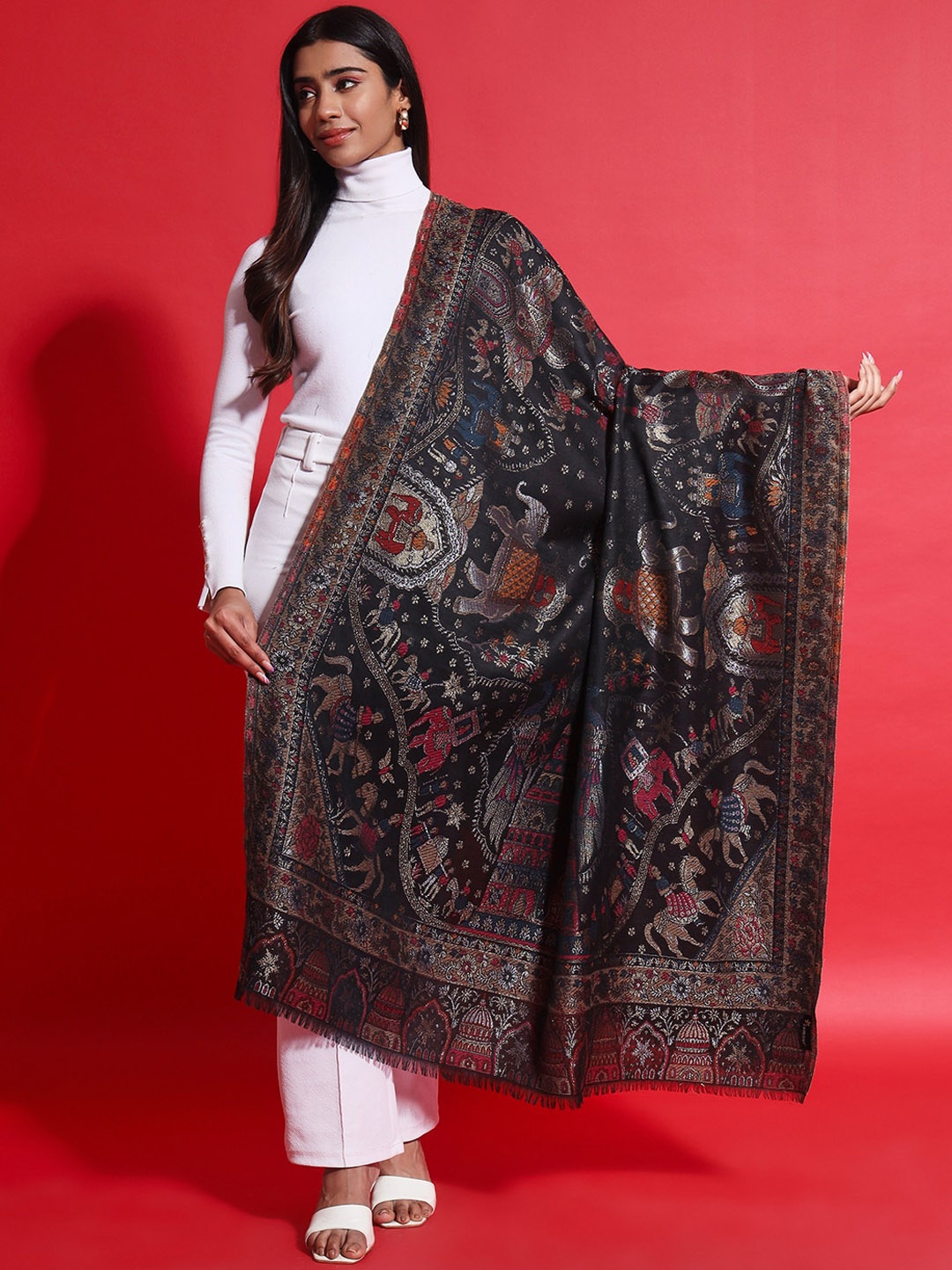 

Zamour Ethnic Motifs Woven Design Pure Wool Shawl, Black