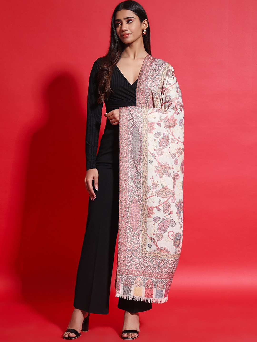 

Zamour Paisley Woven Design Pure Wool Shawl, White