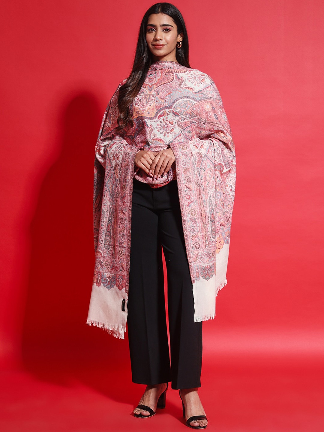 

Zamour Paisley Woven Design Pure Wool Shawl, White