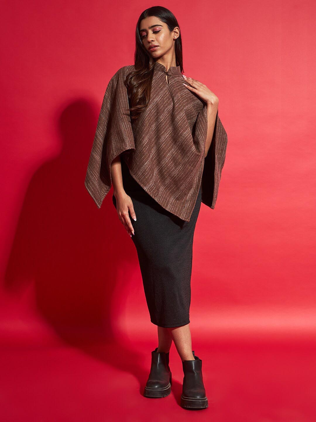 

Zamour Striped Mandarin Collar Poncho, Brown