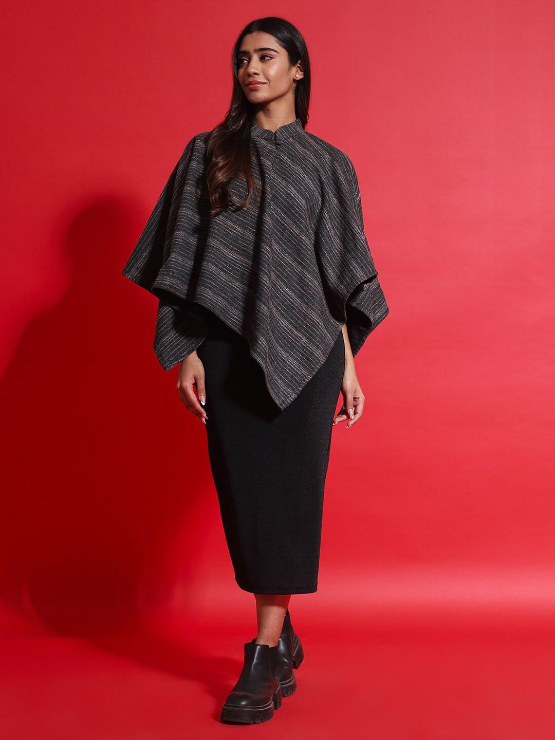 

Zamour Striped Mock Collar Poncho, Grey