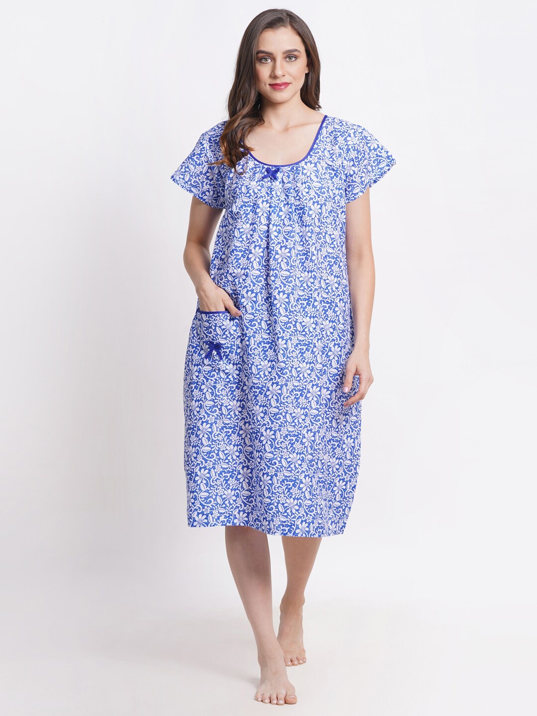 

Breezly Floral Printed Pure Cotton Everyday Nightdress, Blue