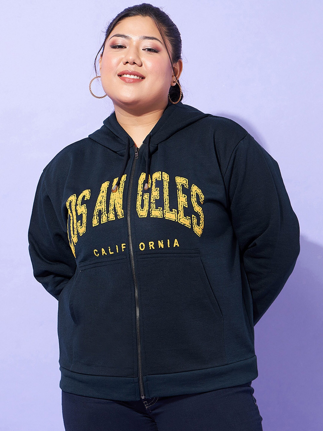 

SASSAFRAS Curve Brown Plus Size Typography Printed Mock Collar Faux Fleece Bomber Jacket, Blue