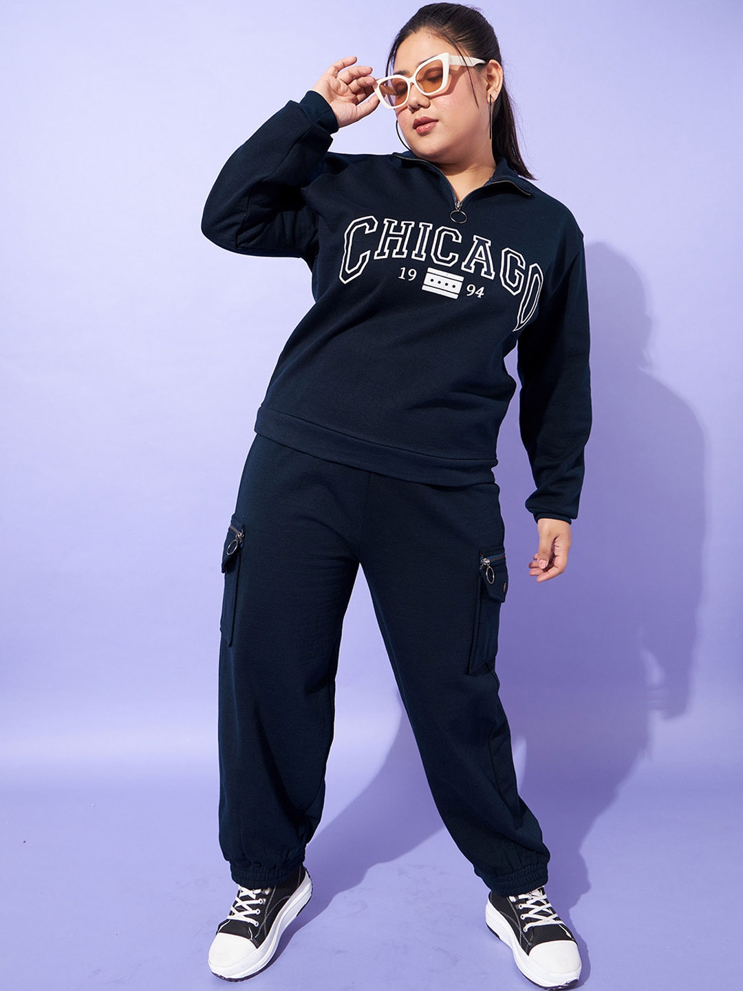 

SASSAFRAS Curve Navy Blue Typography Printed Fleece Sweatshirt With Cargo Style Joggers