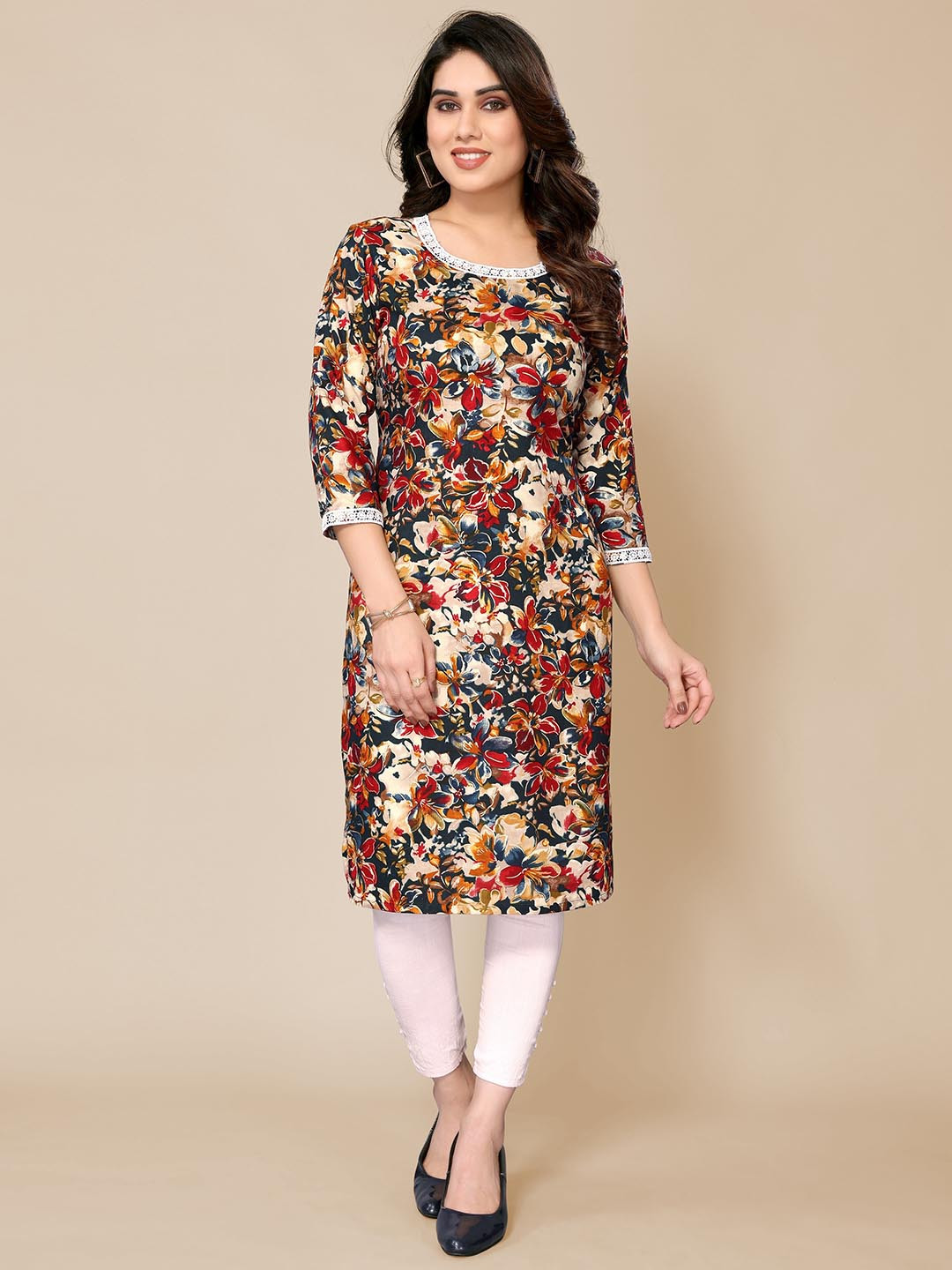 

PYARI - A style for every story Floral Printed Three-Quarter Sleeve Straight Kurta, Beige