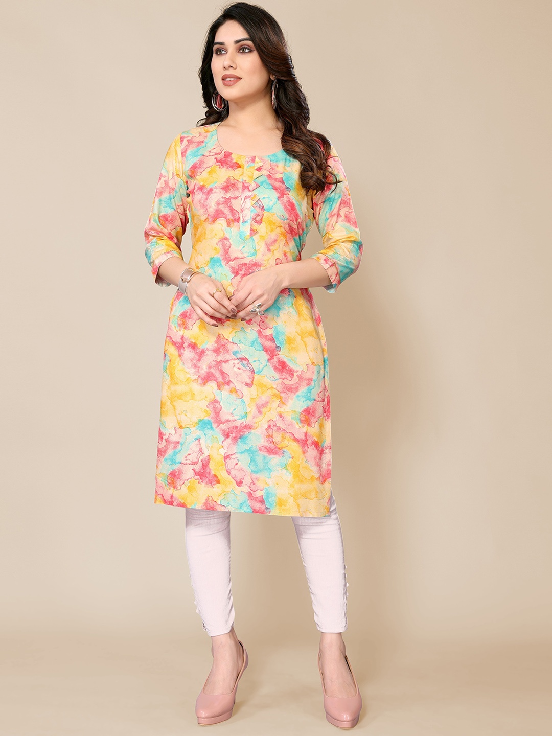 

PYARI - A style for every story Abstract Printed Round Neck Straight Kurta, Yellow
