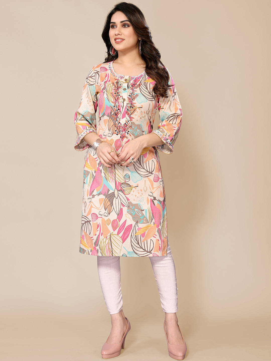 

PYARI - A style for every story Floral Embroidered Round Neck Beads & Stones Kurta, Beige