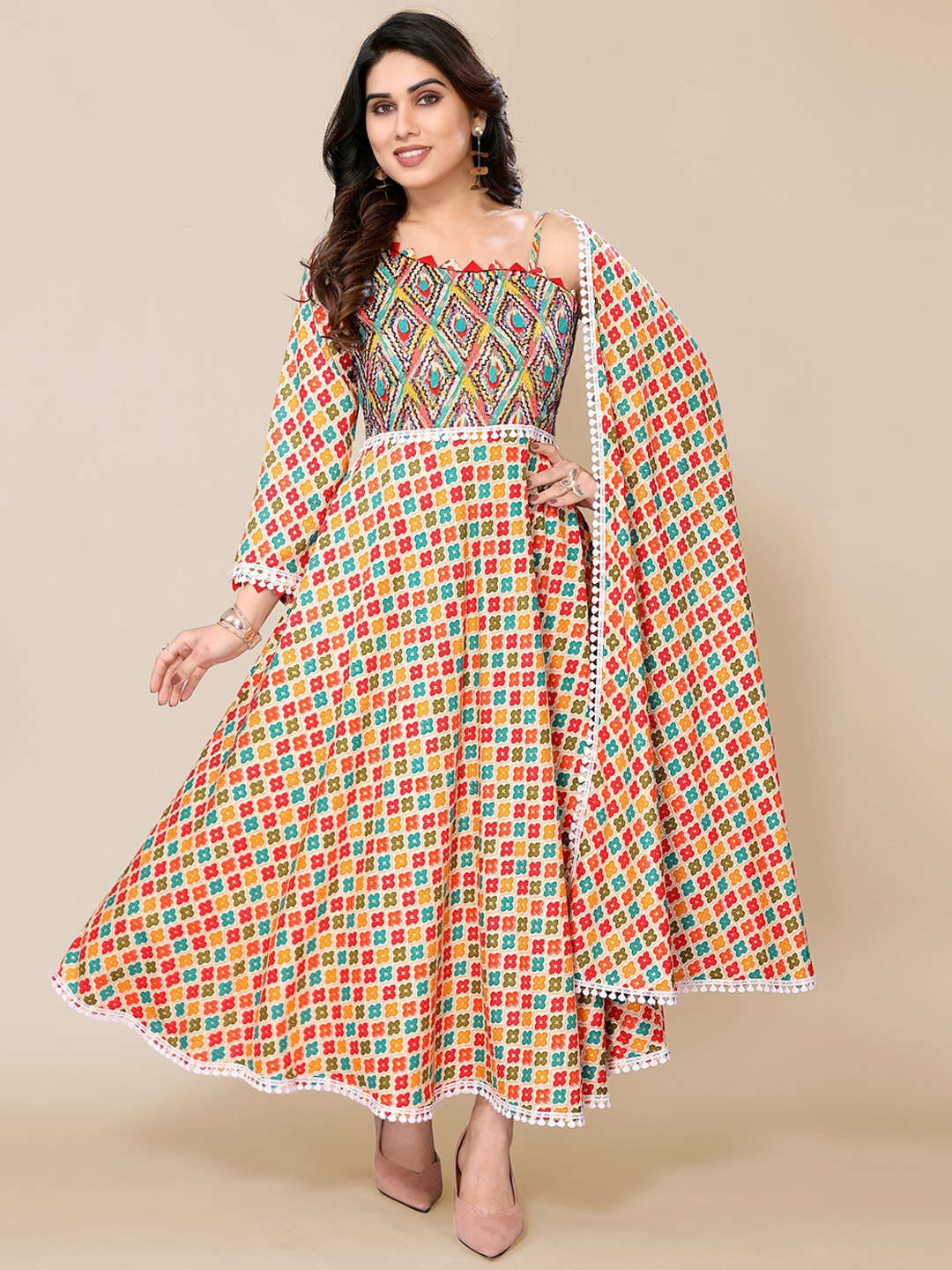 

PYARI - A style for every story Floral Printed Fit & Flare Ethnic Dresses With Dupatta, Orange