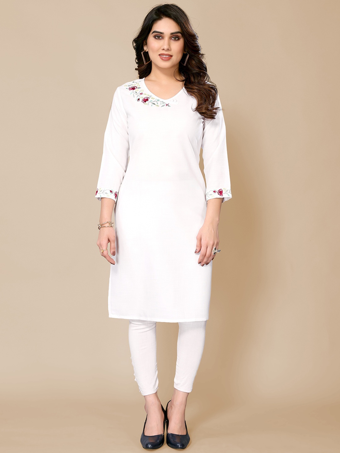 

PYARI - A style for every story Floral Embroidered Cotton Straight Kurta, White