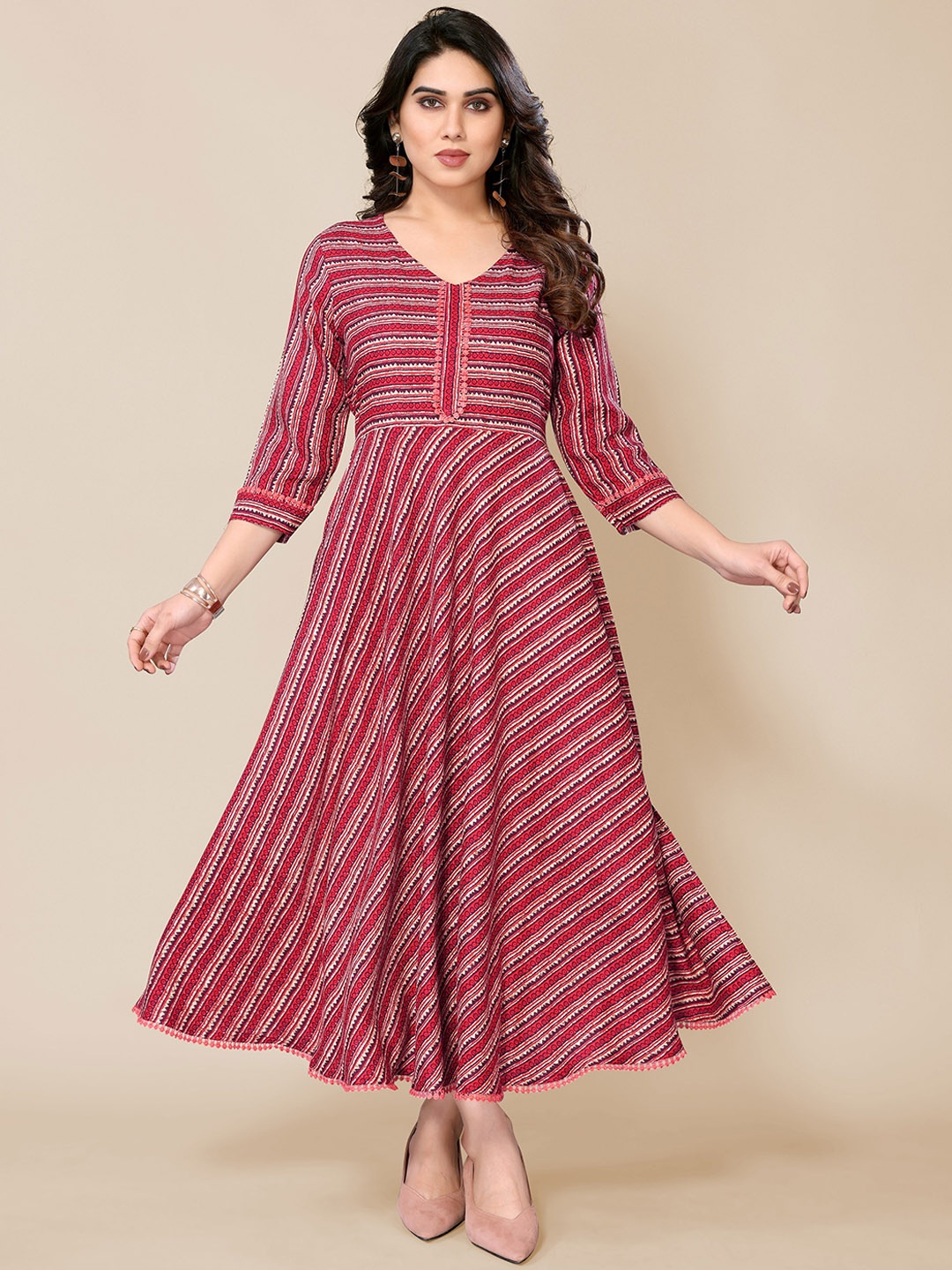 

PYARI - A style for every story Striped Anarkali Pure Cotton Kurta, Maroon
