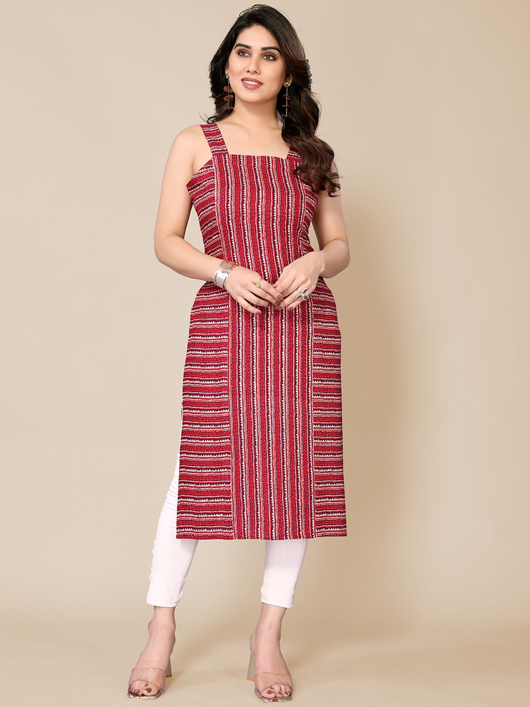 

PYARI - A style for every story Striped Sleeveless Straight Kurta, Maroon