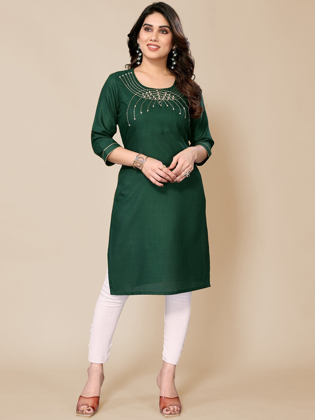PYARI - A style for every story Beads and Stones Embellished Straight Kurta, Green