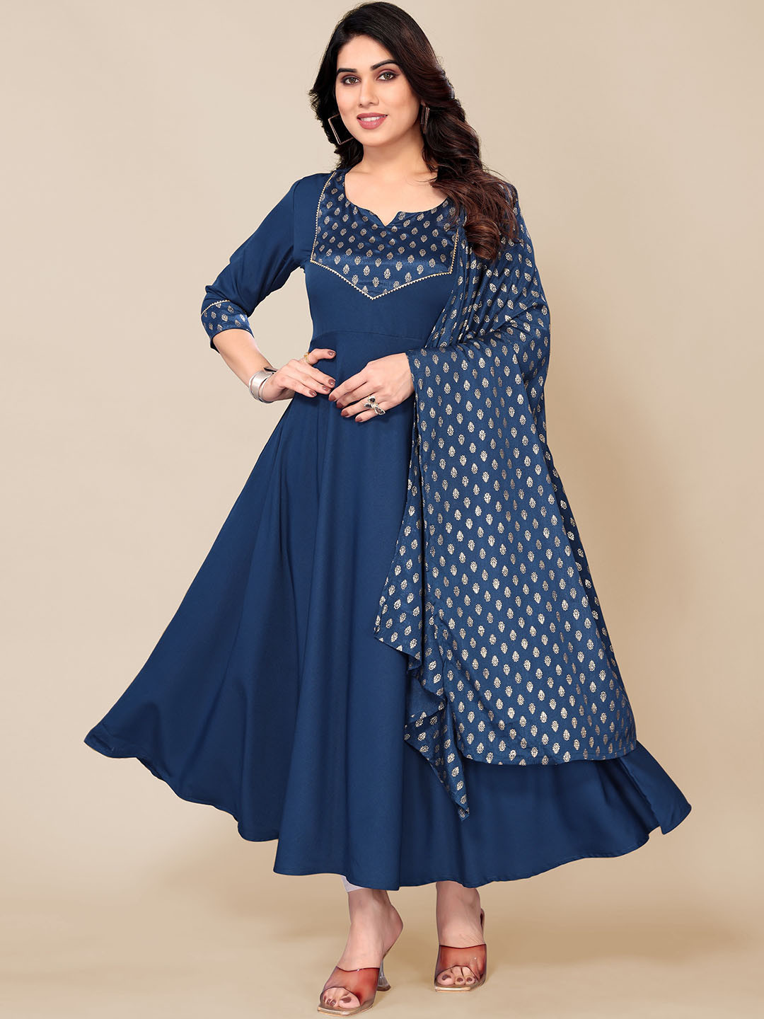 

PYARI - A style for every story Women Ethnic Motifs Printed Gotta Patti Anarkali Kurta, Navy blue