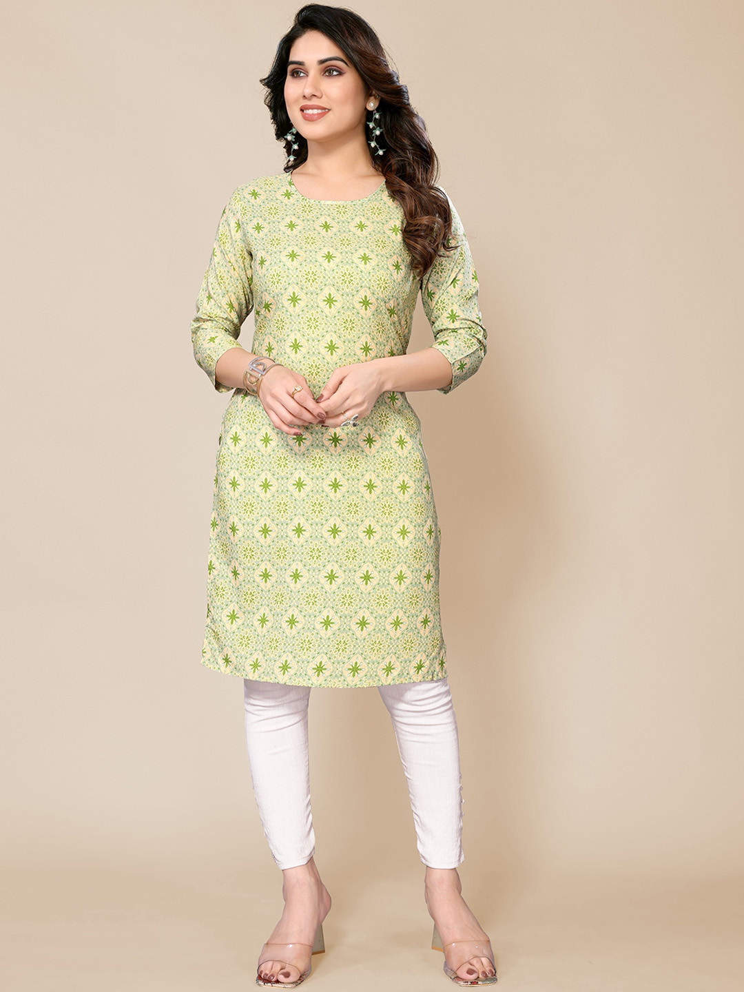 

PYARI - A style for every story Ethnic Motifs Printed Round Neck Straight Regular Kurta, Green