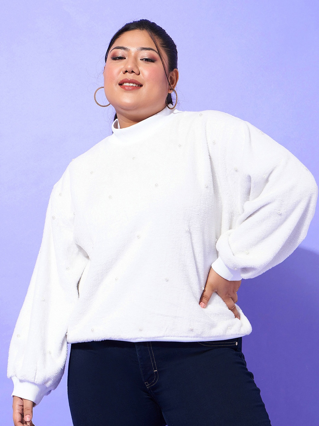 

SASSAFRAS Curve Plus Size Fur Embellished Detail High Neck Fleece Pullover Sweatshirt, White
